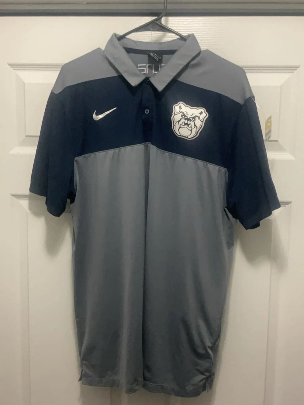 Nike butter university Men’s Navy and Grey Colorblock Polo with Bulldog Logo